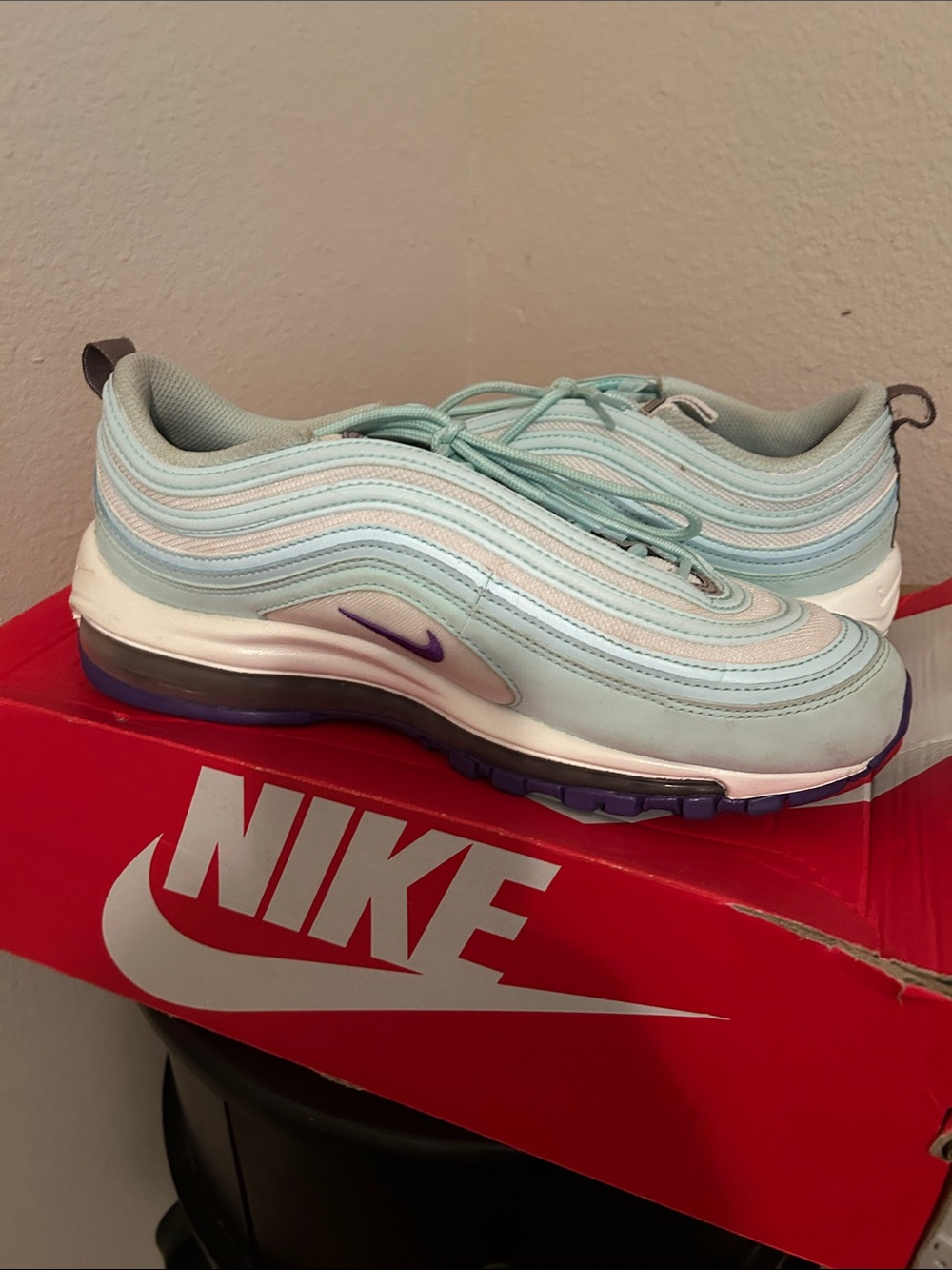 Nike Women's Air Max 97 in Mint Green with Purple Accents